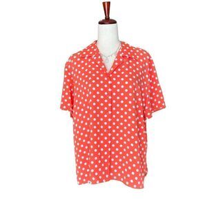Impressions Women's Coral-Salmon Polka Dot Short Sleeve Button-Up Blouse Large